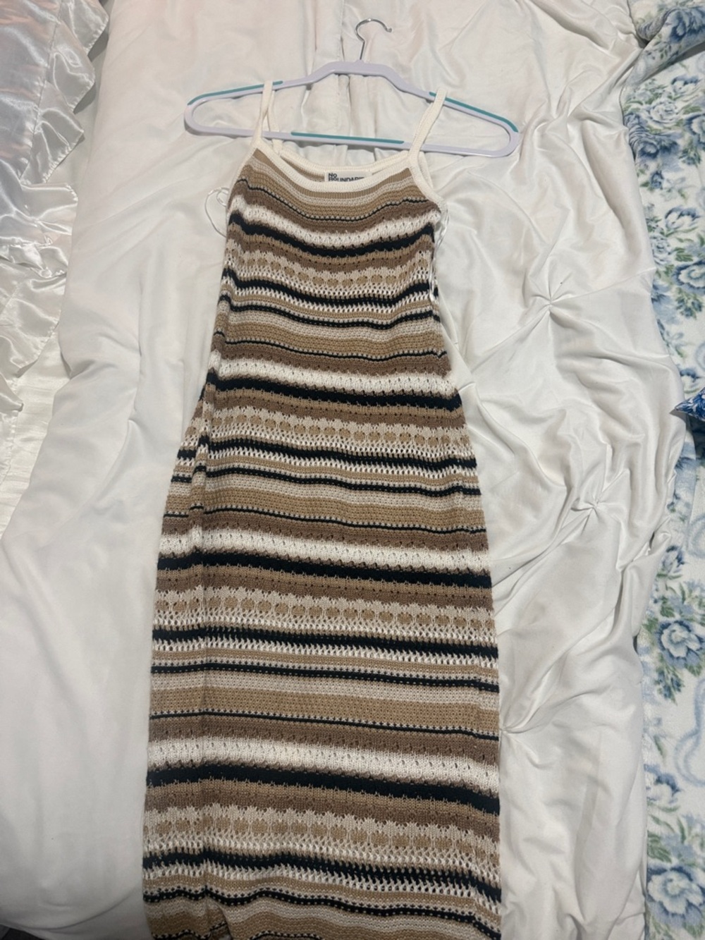 Striped Crochet Knit Spaghetti-Strap Dress in Beige and Black